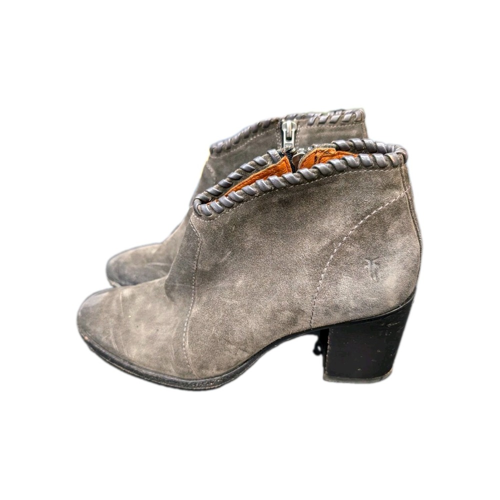 Frye Gray Suede Ankle Bootie Zip Block Heel Round Toe Womens 7.5 B 3479935